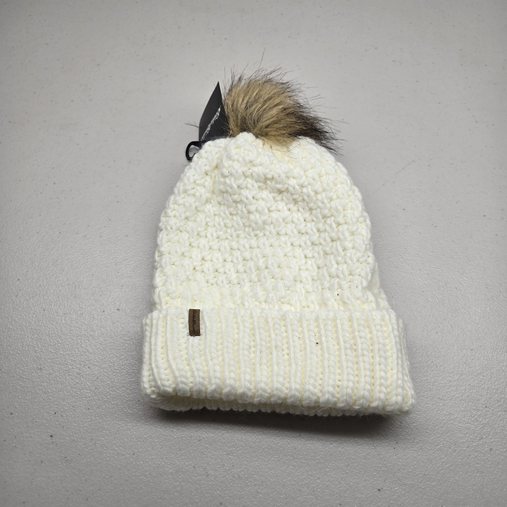 Eddie Bauer Women Beanie OS Ivory Cabin Faux Fur Trim Pom Bean NWT